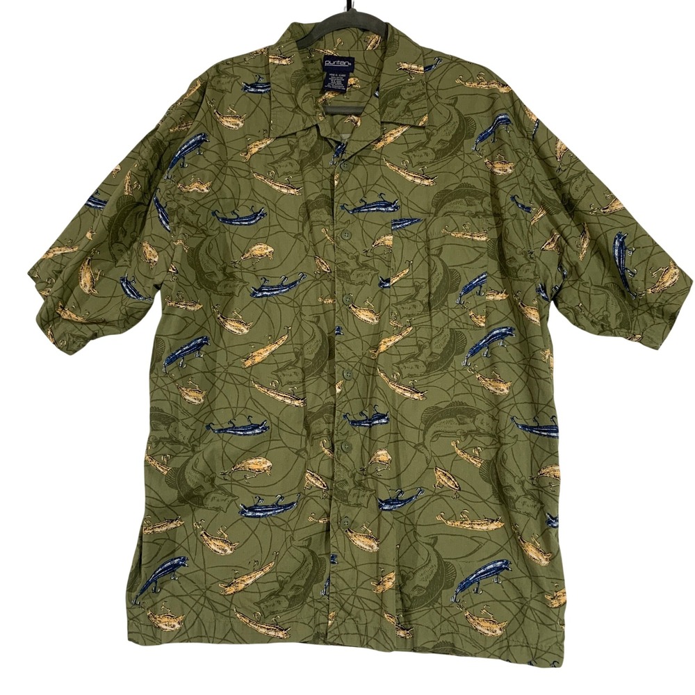 Puritan Fishing Lure Print Camp Shirt Short Sleeve Olive Green Mens XL
